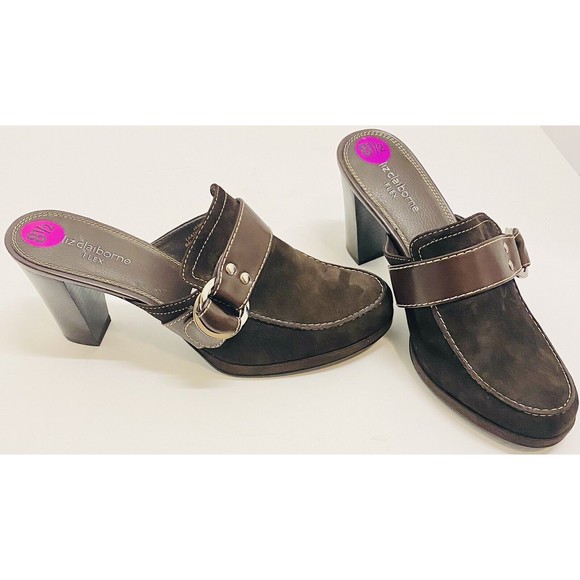 Liz Claiborne Women’s Flex Jamal Dark Brown Suede Leather Mules Block Heels 8.5M - Picture 1 of 9